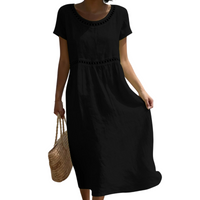 Emilia | Leinenlook-Midikleid mit Spitze - Schwarz