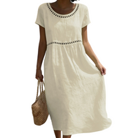 Emilia | Leinenlook-Midikleid mit Spitze - Beige