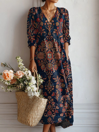 Esperanza | Damen Blumenkleid V-Ausschnitt Langarm Midi - Dunkelblau