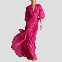 Estelle | Damen Wickel Maxikleid mit 3/4 Ärmeln - Fuchsia Rosa