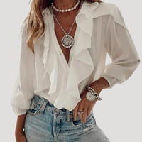 Evangelia | Damen V-Neck Rüschen Bluse mit Langarm - Weiß