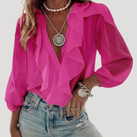 Evangelia | Damen V-Neck Rüschen Bluse mit Langarm - Rosa