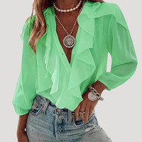 Evangelia | Damen V-Neck Rüschen Bluse mit Langarm - Grün
