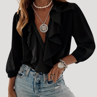 Evangelia | Damen V-Neck Rüschen Bluse mit Langarm - Schwarz