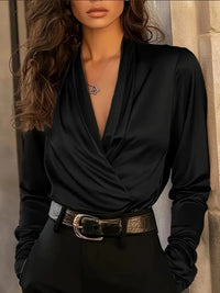 Evangeline | Damen Wickelbluse Langarm V-Ausschnitt - Schwarz