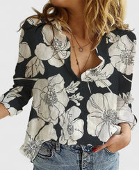 Evelina | Damen Blumendruck V-Ausschnitt Langarm Bluse - Schwarz 2