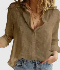 Evelina | Damen Blumendruck V-Ausschnitt Langarm Bluse - Braun