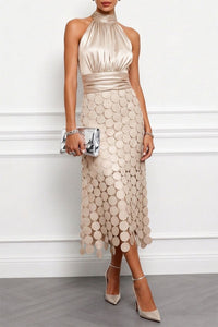 Céline | Damen Halter Midi Kleid - Champagner