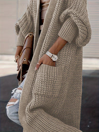 Damen Maxi Cardigan mit langen Ärmeln und Taschen - Khaki