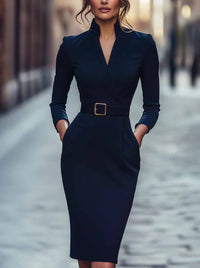 Mona | Kleid mit Gürtel - Dunkelblau