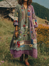 Eresha - Lässiges Langarm Kleid Mit Blumenmuster - Grau-Violett