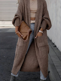 Damen Maxi Cardigan mit langen Ärmeln und Taschen - Kaffee