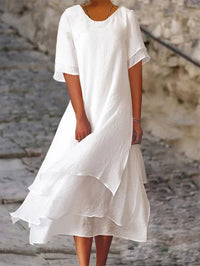 Doppeltes Baumwoll-Leinen-Kleid für Frauen | Midi - Weiß