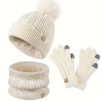 3-teiliges Winterset für Damen mit Mütze, Schal und Handschuhen - Weiß