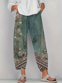 Thimasha - Caprihose Im Vintage Blumenmuster Mit Elastischem Bund - Grün