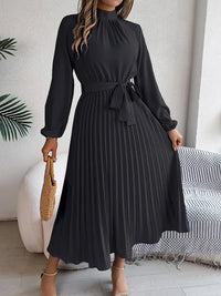 Damen Langarm Falten Kleid mit Gürtel - Schwarz