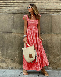 Fiona | Damen Smocked Gingham Maxikleid - Rot