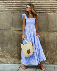 Fiona | Damen Smocked Gingham Maxikleid - Blau