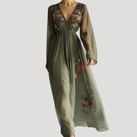 Fiona | Damen V-Ausschnitt Blumen Maxikleid mit Empire-Taille - Grün