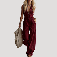Fiora | Damen Jumpsuit Weites Bein Ärmellos V-Ausschnitt - Dunkelrot