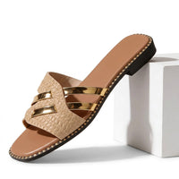 Flache Damen-Pantoletten mit Metallic-Riemen - Braun