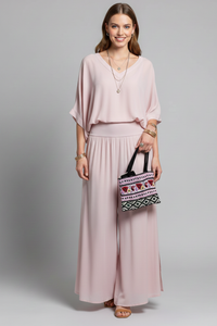 Franziska | Damen V-Ausschnitt Zweiteiler Set mit weiter Hose - Rosa