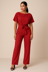 Frieda | Damen Kurzarm Jumpsuit Weites Bein - Rot