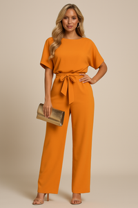 Frieda | Damen Kurzarm Jumpsuit Weites Bein - Orange