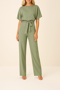 Frieda | Damen Kurzarm Jumpsuit Weites Bein - Olivgrün