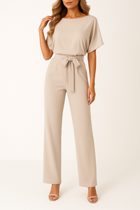 Frieda | Damen Kurzarm Jumpsuit Weites Bein - Beige