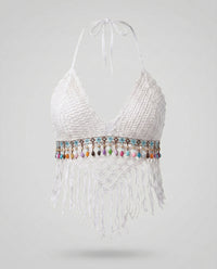 Gehäkeltes Damen-Halter-Crop-Top mit Quastensaum - Weiß