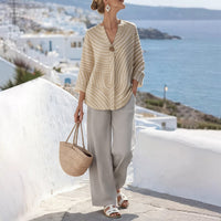 Gestreiftes Blusen- und Weithosen-Set für Damen - Beige