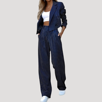 Greta | Damen Nadelstreifen Zweiteiler Blazer Set - Blau