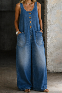 Greta | Damen Ärmellos Overall mit Knöpfen - Blau