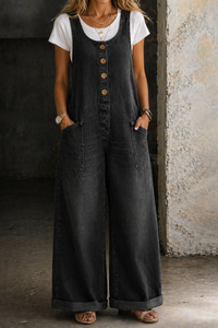 Greta | Damen Ärmellos Overall mit Knöpfen - Schwarz