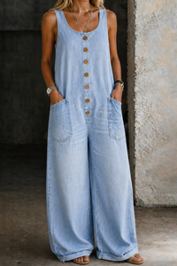 Greta | Damen Ärmellos Overall mit Knöpfen - Hellblau
