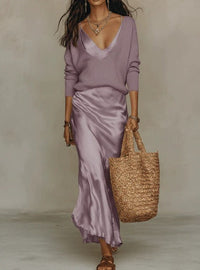 Hannah | Satin-Midikleid mit Pullover-Set - Lila