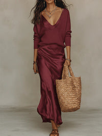 Hannah | Satin-Midikleid mit Pullover-Set - Rot