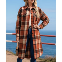 Damen Longline-Mantel mit Karomuster, Knöpfen und Taschen - Rot