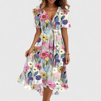 Helga | Florales V-Ausschnitt Midikleid - Weiß Floral