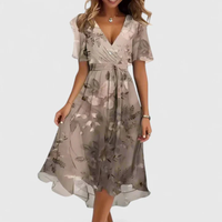 Helga | Florales V-Ausschnitt Midikleid - Hellbraun