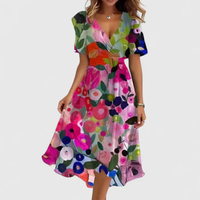 Helga | Florales V-Ausschnitt Midikleid - Mehrfarbig Floral