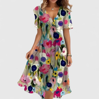 Helga | Florales V-Ausschnitt Midikleid - Beige Floral
