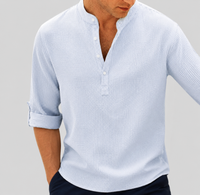 Henry | Herren gestreiftes Leinenhemd Stehkragen Langarm - Blau