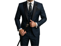Herren Anzugset mit Sakko, Weste und Hose mit Reverskragen - Marineblau