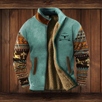 Alexander | Herren Fleece-Outdoorjacke mit Azteken-Muster Sherpa-Futter Reißverschluss - Blau 2
