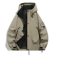 Herren Jacke mit Kapuze, Druckknopfleiste und Reißverschlusstaschen - Khaki