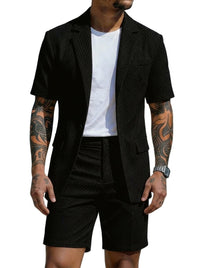 Herren Kurzarm-Blazer und Shorts Set mit Strukturmuster - Schwarz
