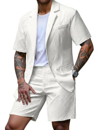 Herren Kurzarm-Blazer und Shorts Set mit Strukturmuster - Weiß