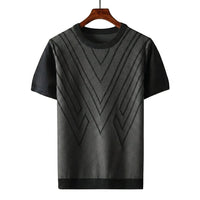 Herren Kurzarm Strickoberteil mit geometrischem V Muster - Schwarz